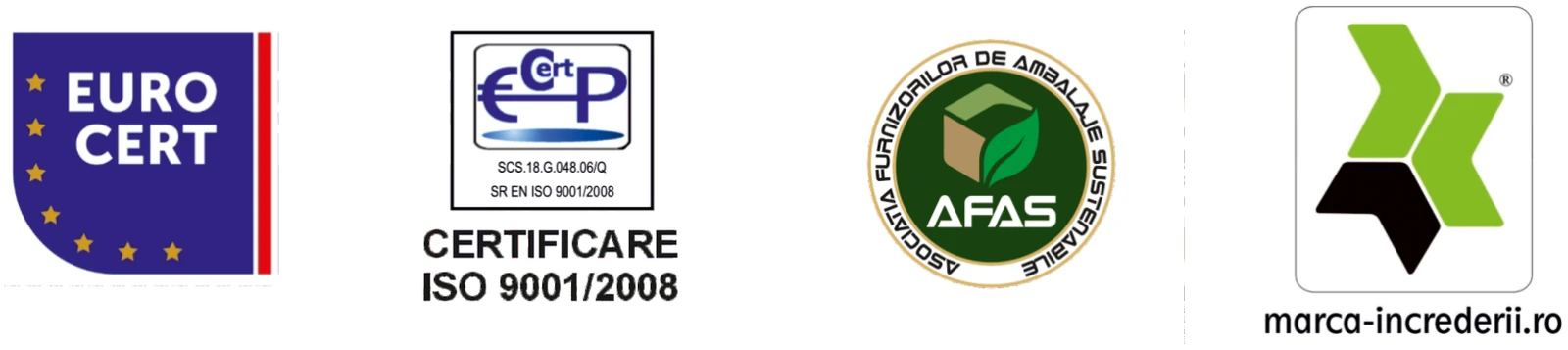 EUROCERT · Certificare ISO 9001 Eval Cert Prod · AFAS, Asociația Furnizorilor de Ambalaje Sustenabile · marca-incredereii.ro