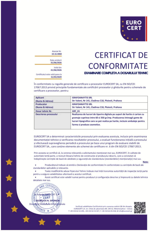 Certificat de conformitate EUROCERT pentru procesul de tipărire digitală, atestat 10.16.4068