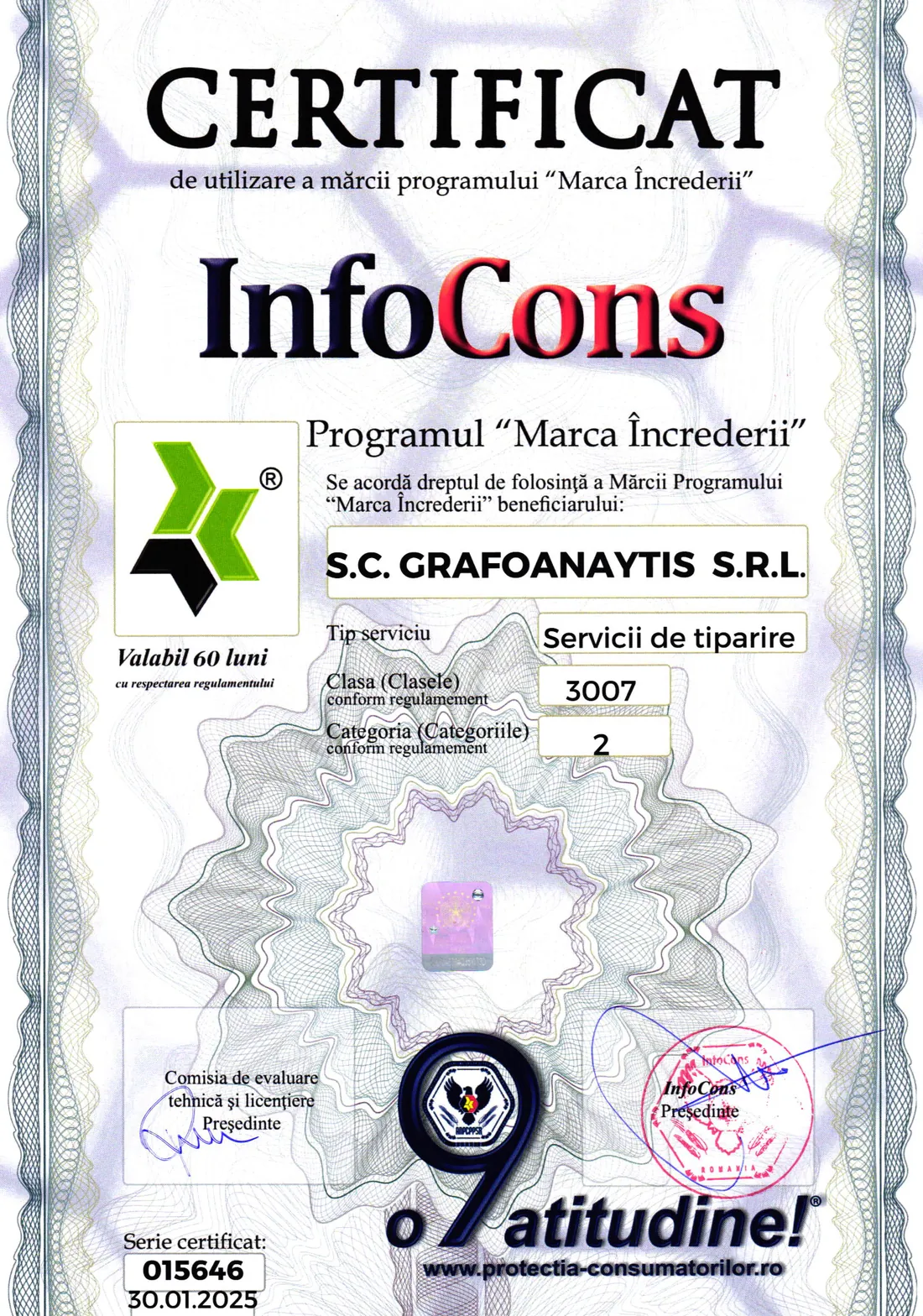 Certificat de utilizare a mărcii programului Marca Încrederii, emis de InfoCons